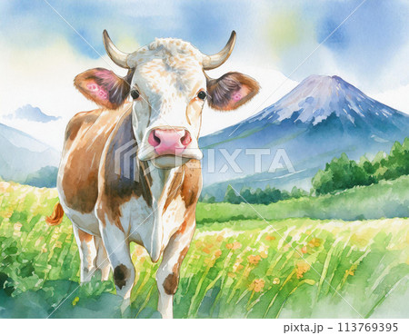 牛のいる風景のイラスト素材 [113769395] - PIXTA