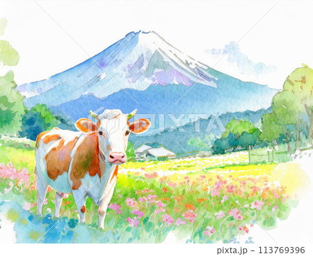 野原を背景にした牛と山のイラスト素材 [113769396] - PIXTA