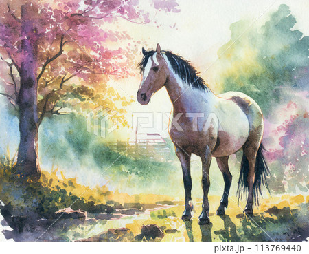 桜舞う森の中を走る馬のイラスト素材 [113769440] - PIXTA