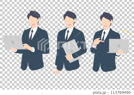 PCを操作、PCを携帯、指をさすビジネスパーソン・経営者上半身 113769490