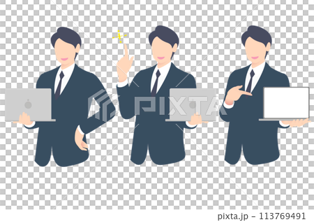PCを持ちながら、ひらめき、PC画面を見せて説明をするビジネスパーソン・経営者上半身 113769491