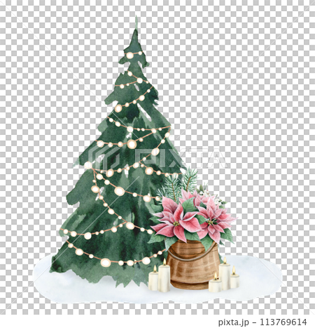 Decorated Christmas tree with lights garland and poinsettia flowers watercolor illustration isolated on white background in vintage style for Happy New Year greeting cards and designs Decorated Christmas tree with lights garland and poinsettia flowers watercolor illustration isolated on white background in vintage style for Happy New Year greeting cards and designs 113769614