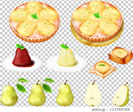 Pear and pear dessert set: tart, compote, danish, cooked in red wine 113769789