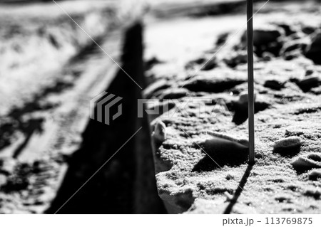 Sidewalk with edge markers used for snow blowing guides Sidewalk with edge markers used for snow blowing guides 113769875