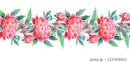 Decorative border. Peony flowers, seamless floral pattern Decorative border. Peony flowers, seamless floral pattern 113769952