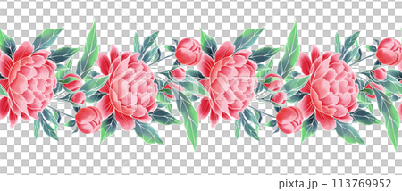 Decorative border. Peony flowers, seamless floral pattern Decorative border. Peony flowers, seamless floral pattern 113769952