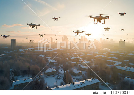 group of drones over city at winter morning 113770035