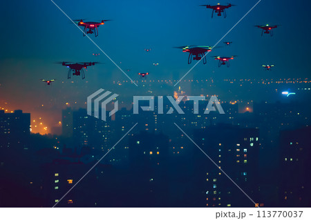group of drones over city at summer morning group of drones over city at summer morning 113770037