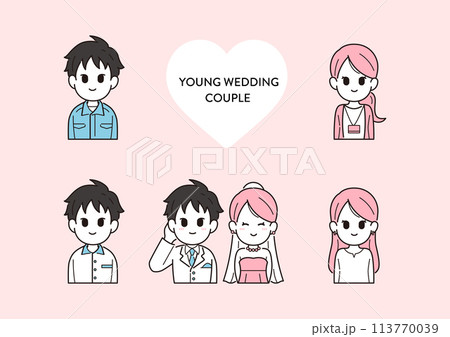 イラスト素材：結婚式を挙げる若い夫婦・カップル 113770039