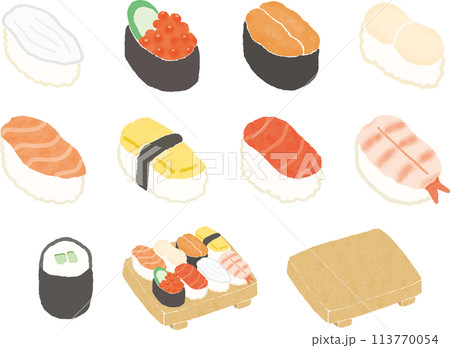 手描き風のいろいろな握り寿司のイラストセット 手描き風のいろいろな握り寿司のイラストセット 113770054