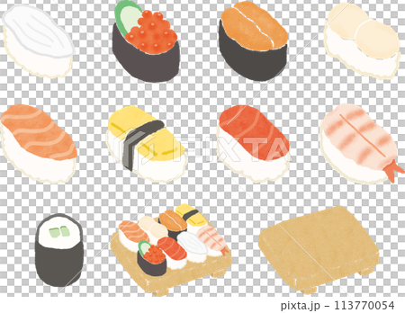 手描き風のいろいろな握り寿司のイラストセット 手描き風のいろいろな握り寿司のイラストセット 113770054