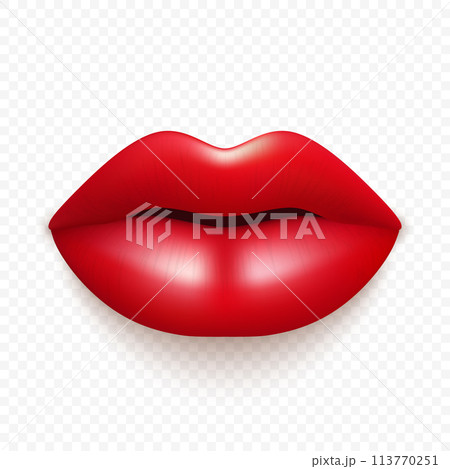 Vector 3d Realistic Red Female Lips. Love, Sexy, Beauty Concept. Fashion, Makeup, Romance Vector Illustration. Glamorous Woman Glossy Lips Closeup. Sensual and Seductive Lipstick Design in Vibrant Red 113770251