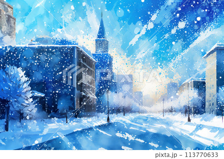 吹雪で人気のない大通りのイラスト 113770633