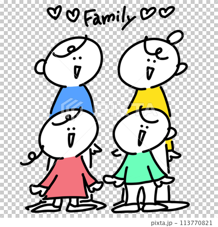 Smiling family of four - simple and cute line drawing illustration Smiling family of four - simple and cute line drawing illustration 113770821
