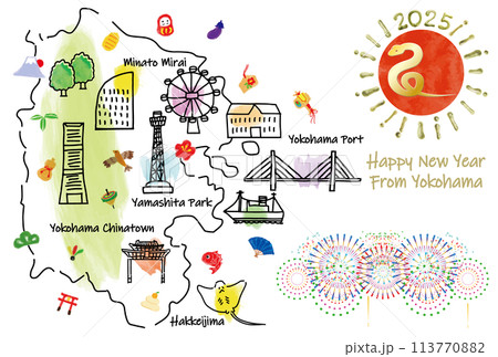 横浜の観光地のイラストマップ年賀状2025年 113770882