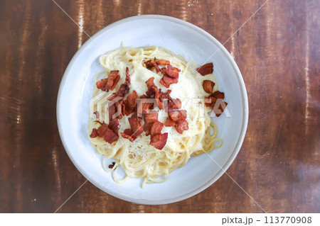 spaghetti , pasta or spaghetti carbonara or pasta carbonara with bacon 113770908