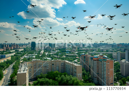 Swarm Of Drones Over City At Summer Morningのイラスト素材 [113770934] - PIXTA