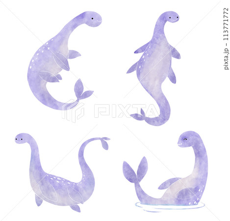 Nessie or Loch Ness Monster . Cute dinosaur cartoon characters . Watercolor paint design . Set 14 of 20 . Vector . 113771772