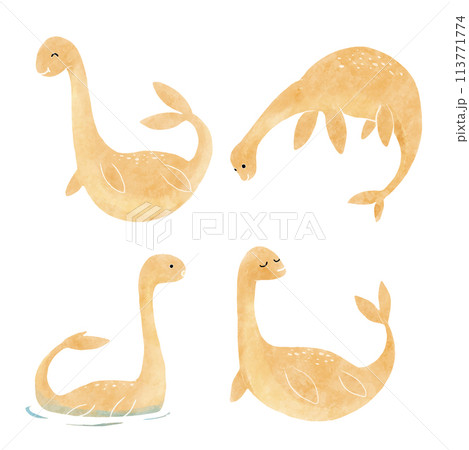 Nessie or Loch Ness Monster . Cute dinosaur cartoon characters . Watercolor paint design . Set 15 of 20 . Vector . 113771774