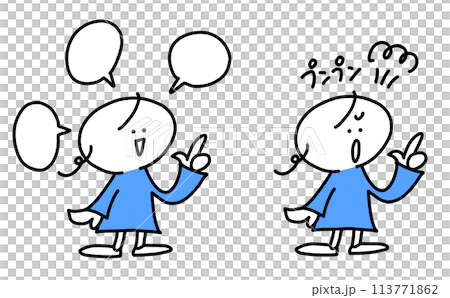 説明する女性　怒る女性　セット　シンプルで可愛い線画イラスト 113771862