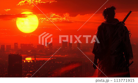 現代の東京の夕焼けの町並みを見下ろしている侍（浪人）