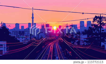 東京の朝：朝日に照らされる電線と線路、ビル群とスカイツリーのシルエット