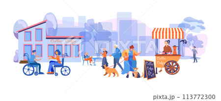 People going along city street trees. A woman with dogs approached a fast food cart. Urban panorama with buildings. The concept of including people with disabilities and people of different ages in 113772300