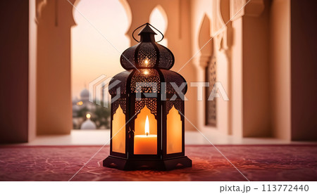 Ramadan Kareem greeting card. Arabic lantern with burning candle in mosque. Generative AI 113772440