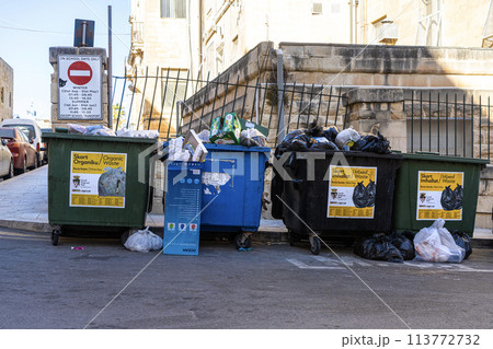 the bins full of separate waste collection in Valletta, Malta 113772732