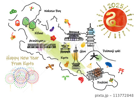 京都の観光地のイラストマップ年賀状2025年 113772848
