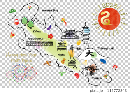 Illustrated map of Kyoto's tourist attractions New Year's card 2025 113772848