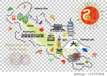 京都の観光地のイラストマップ年賀状2025年 113772848