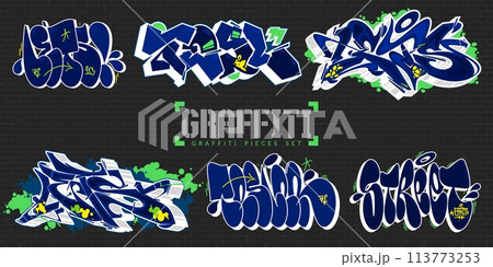 Trendy Dark Abstract Colorful Urban Street Art Lettering Vector Illustration Graffiti Pieces Set 113773253