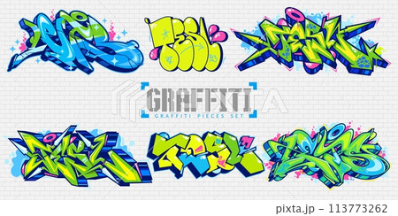 Trendy Abstract Colorful Urban Graffiti Style Street Art Lettering Vector Illustration Set 113773262