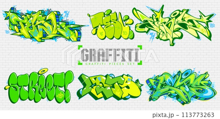 Abstract Colorful Urban Graffiti Style Street Art Lettering Vector Illustration Set 113773263