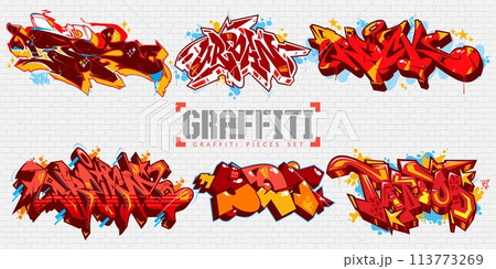 Trendy Abstract Colorful Urban Graffiti Style Street Art Lettering Vector Illustration Set 113773269