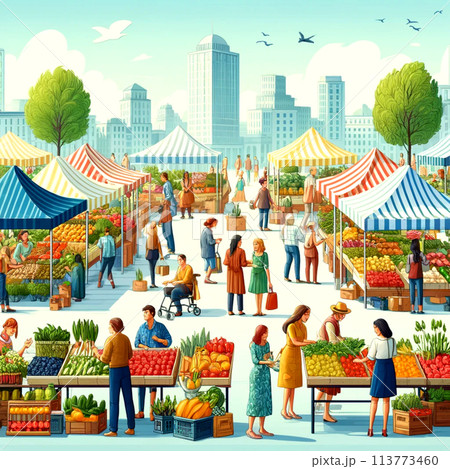 多様な買い物客と屋台が集まる活気に満ちた都会のファーマーズ マーケット 113773460