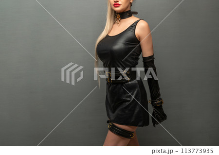 Beautiful young woman in a leather dress and bondage set posing Beautiful young woman in a leather dress and bondage set posing 113773935