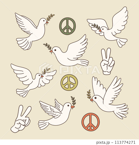 Symbols of Peace - Hand Gesture, Dove, Olive Branch Icon Collection. Pigeon Bird Set, Flat Vector Illustration 113774271