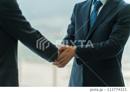 企業のオフィス・会議室で握手をして契約を結ぶビジネスマン 企業のオフィス・会議室で握手をして契約を結ぶビジネスマン 113774321