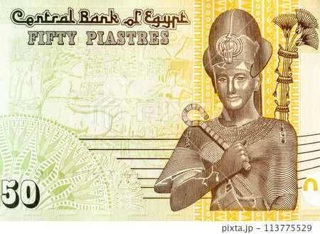 Ramses II on Egyptian fifty piastres banknote. Greatest and most powerful pharaoh of Ancient Egypt 113775529