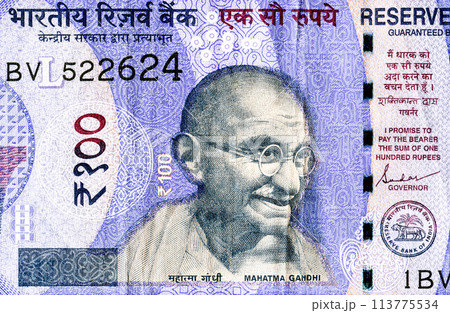 Mahatma Gandhi (1869-1948). Portrait from indian rupee banknote Mahatma Gandhi (1869-1948). Portrait from indian rupee banknote 113775534