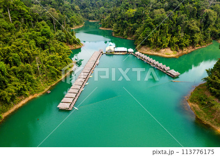 Floating bungalow on the Cheow lan Lake in Khao Sok National Park in Surat Thani, Thailand 113776175