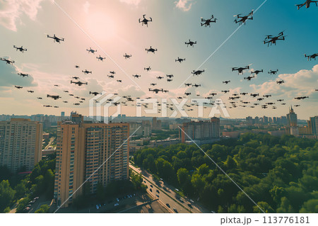 Swarm Of Drones Over City At Summer Morningのイラスト素材 [113776181] - PIXTA