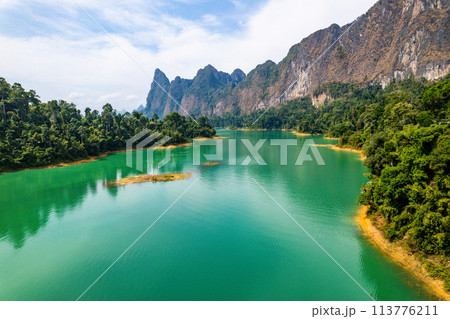 Aerial view of Khao Sok national park, in Cheow lan lake, Surat Thani, Thailand 113776211