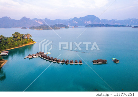 Floating bungalow on the Cheow lan Lake in Khao Sok National Park in Surat Thani, Thailand 113776251