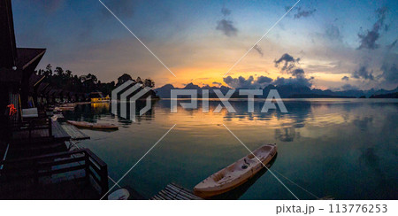 Floating bungalow on the Cheow lan Lake in Khao Sok National Park in Surat Thani, Thailand Floating bungalow on the Cheow lan Lake in Khao Sok National Park in Surat Thani, Thailand 113776253