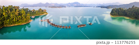 Floating bungalow on the Cheow lan Lake in Khao Sok National Park in Surat Thani, Thailand 113776255