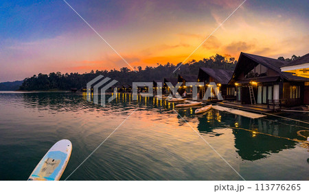Floating bungalow on the Cheow lan Lake in Khao Sok National Park in Surat Thani, Thailand 113776265
