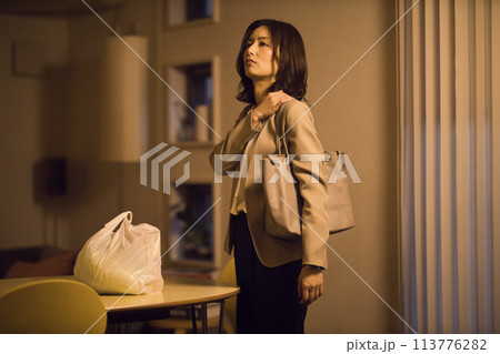 帰宅後食材をテーブルに置くビジネスウーマン のナイトルーティーン 113776282